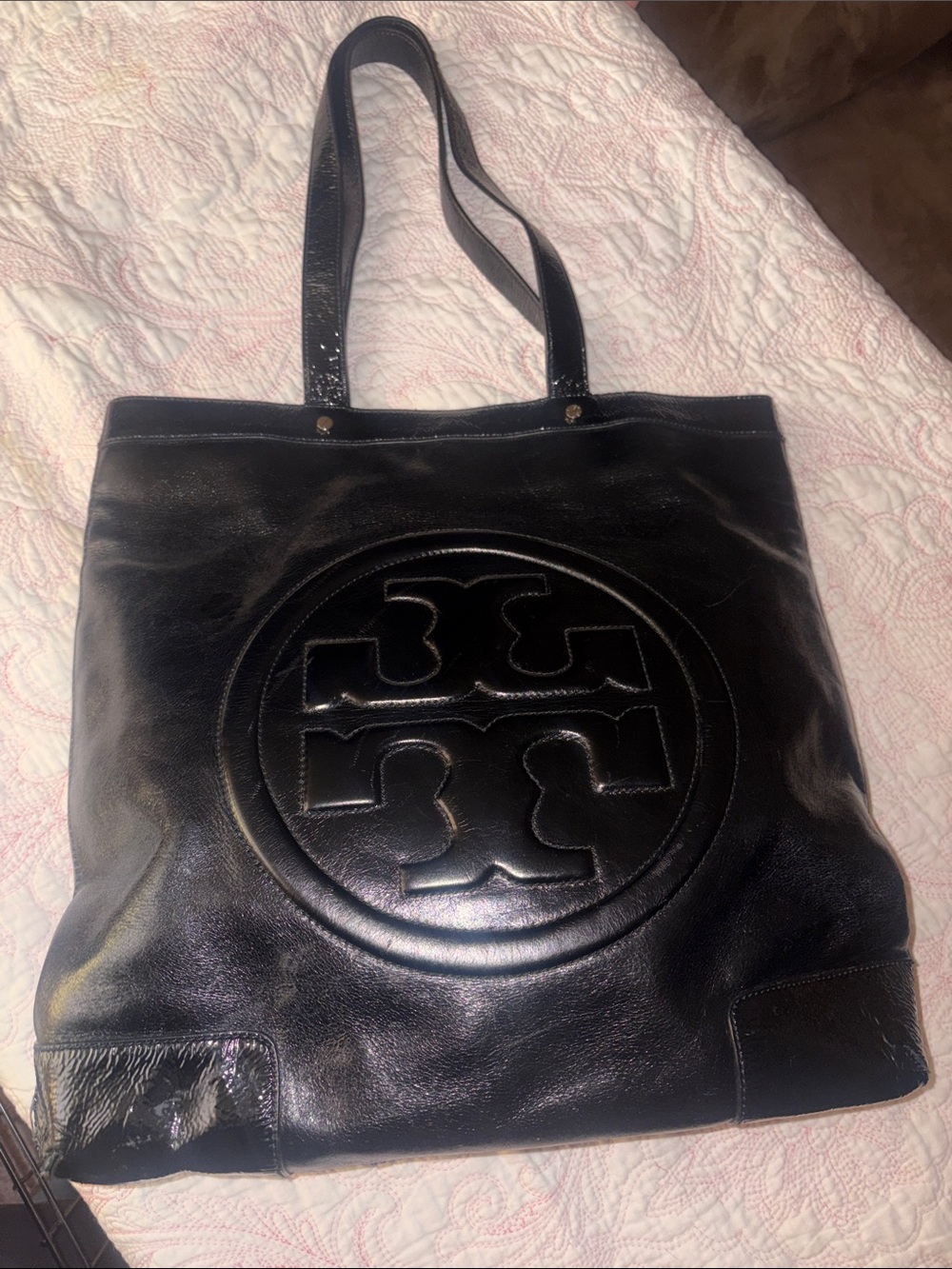 Tory Burch Black Leather Logo Embossed Tote